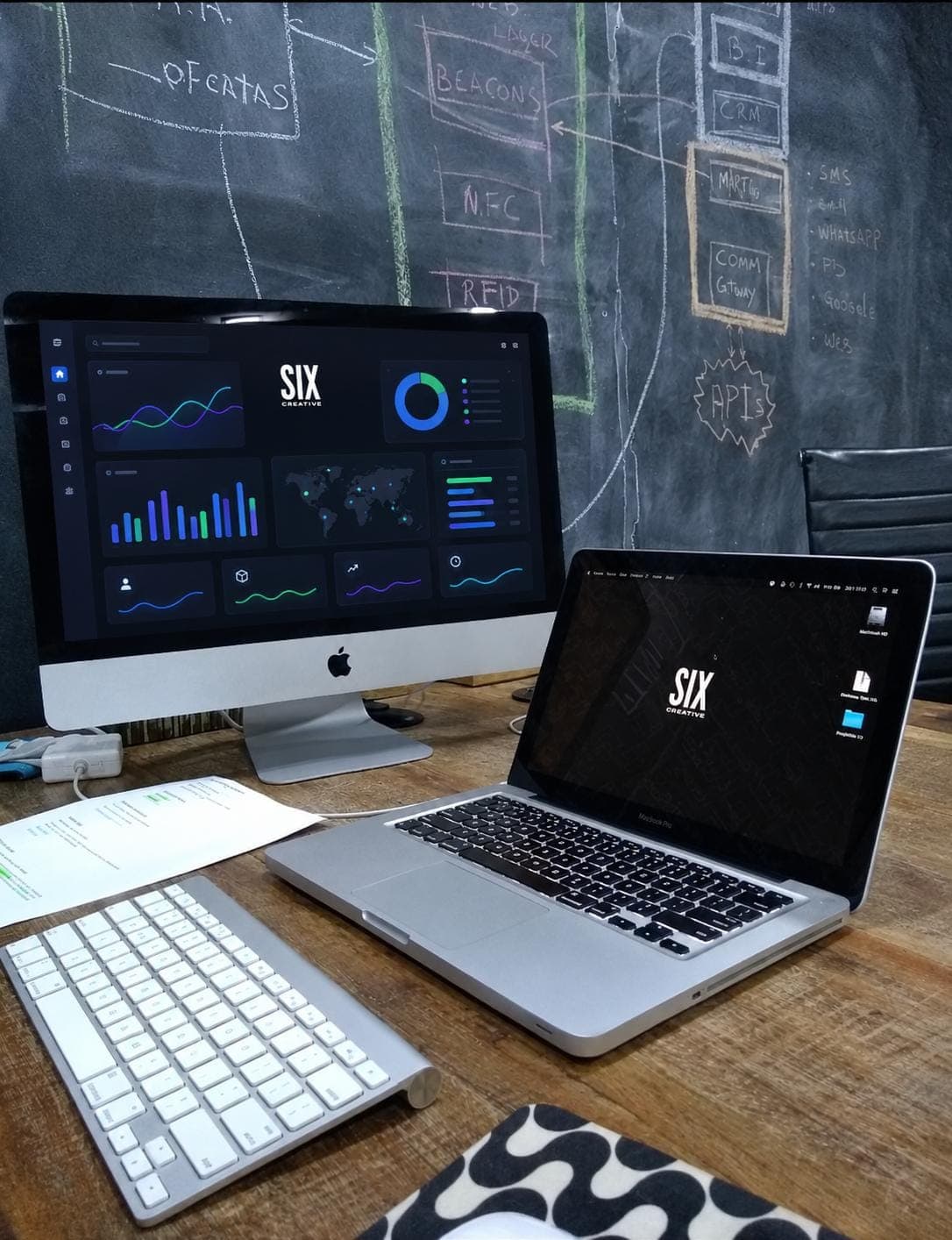 iMac e MacBook com interfaces da SIX em frente a um quadro negro com diagramas de arquitetura