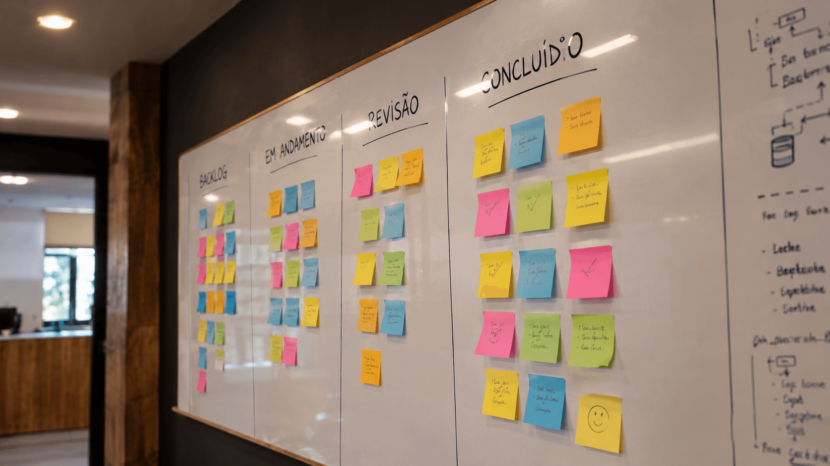 Whiteboard covered in sticky notes with SIX project planning